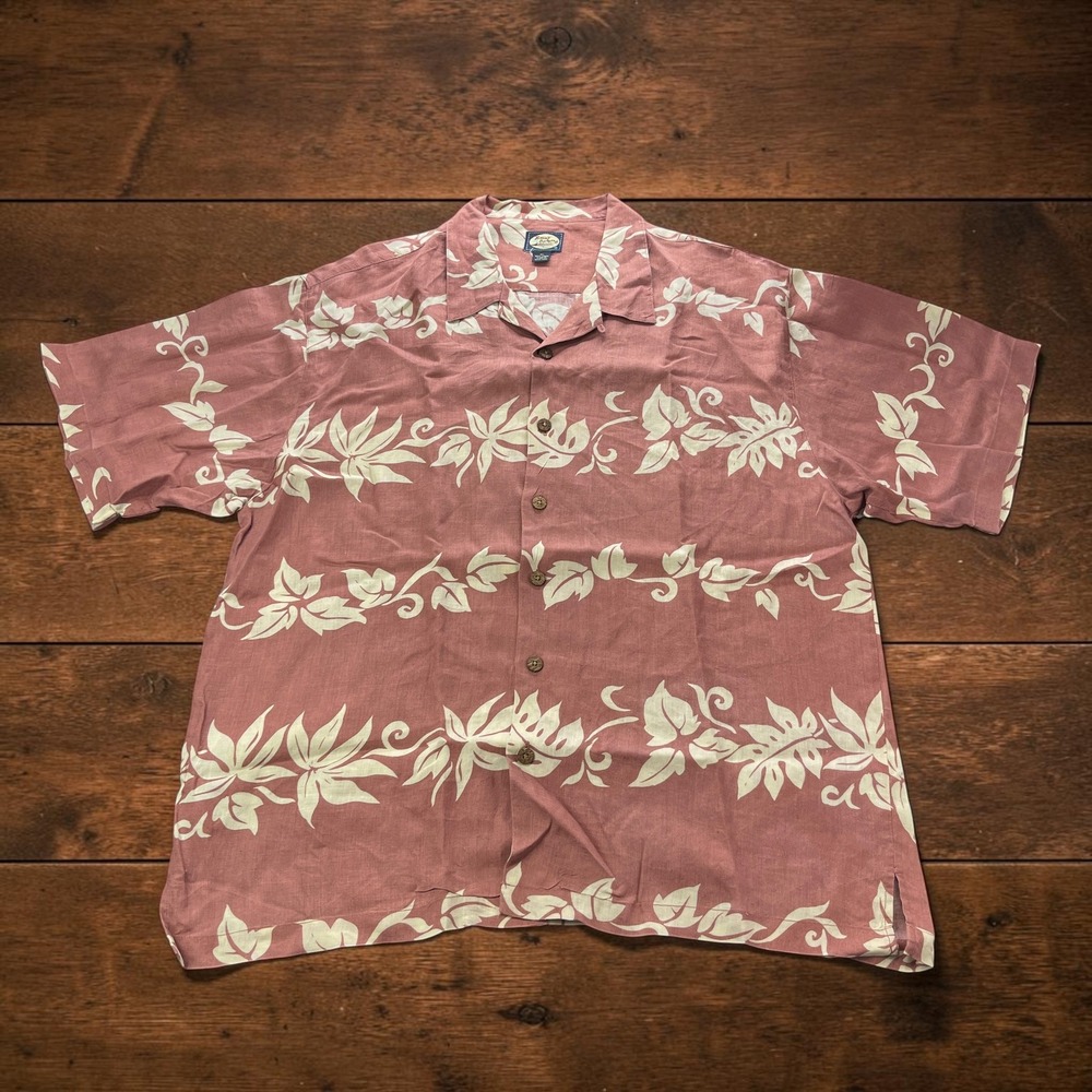 VTG Tommy Bahama Mens XL 100% Linen Camp Hawaiian Shirt Tropical Leaf Pink Rose